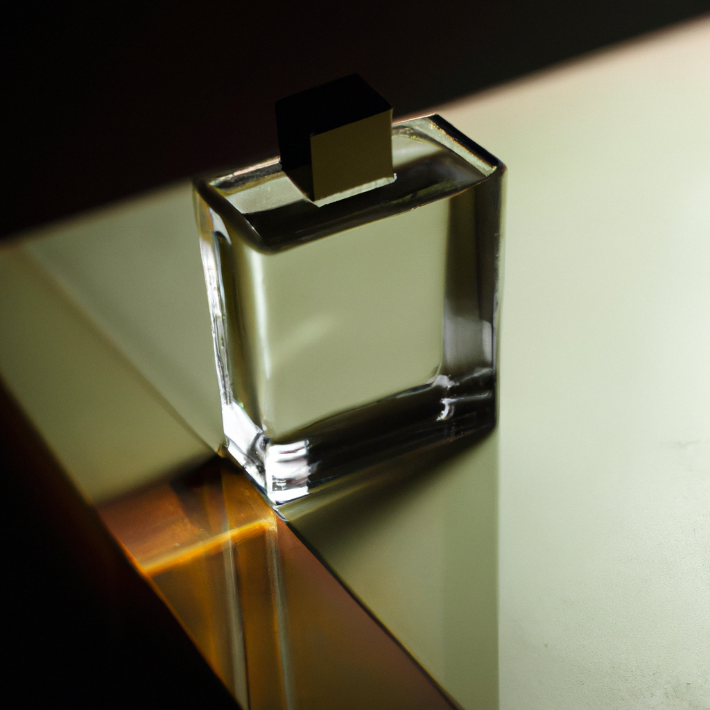 Fotografía de producto: botella de perfume sobre bloques acrílicos con sombras definidas y fondo minimalista